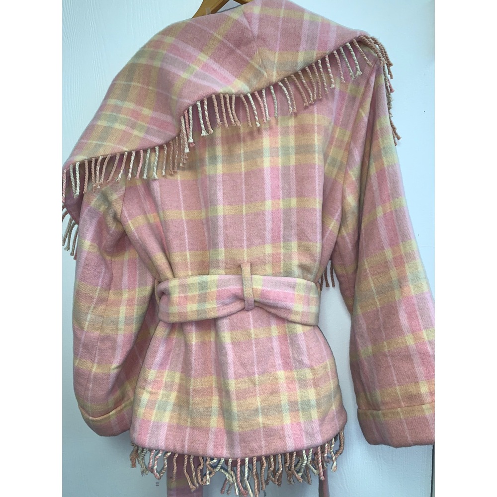 LoveShackFancy Harrison Wrap Jacket Oakwood Pink Plaid Fringe Wool Coat XS/S - Picture 7 of 10